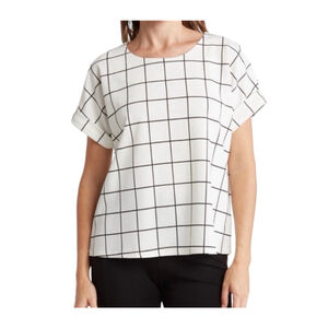 Melloday Plaid White Black Grid Top Blouse Small